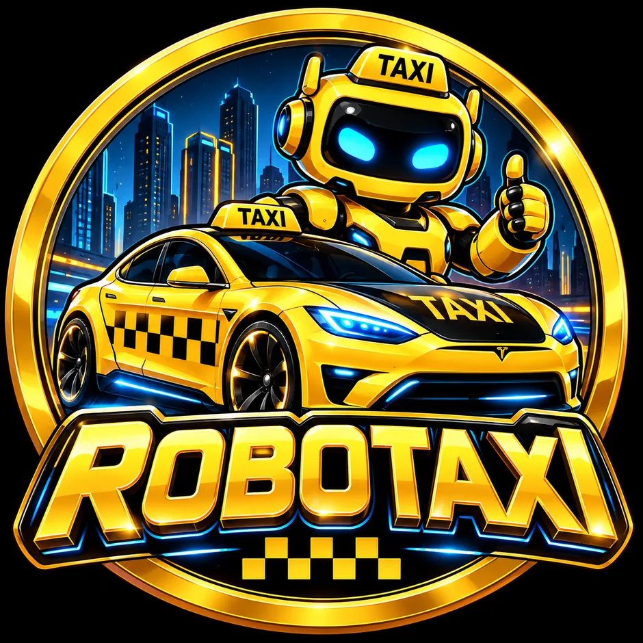 ROBOTAXI gold and blue futuristic robot taxi, in front of a night skyline